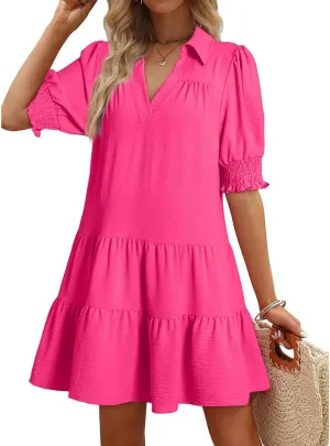 T Shirt Dresses for Women 2025 Puff Sleeve A Line Mini Babydoll Dress Loose Lapel V Neck Short Summer Dresses Trendy