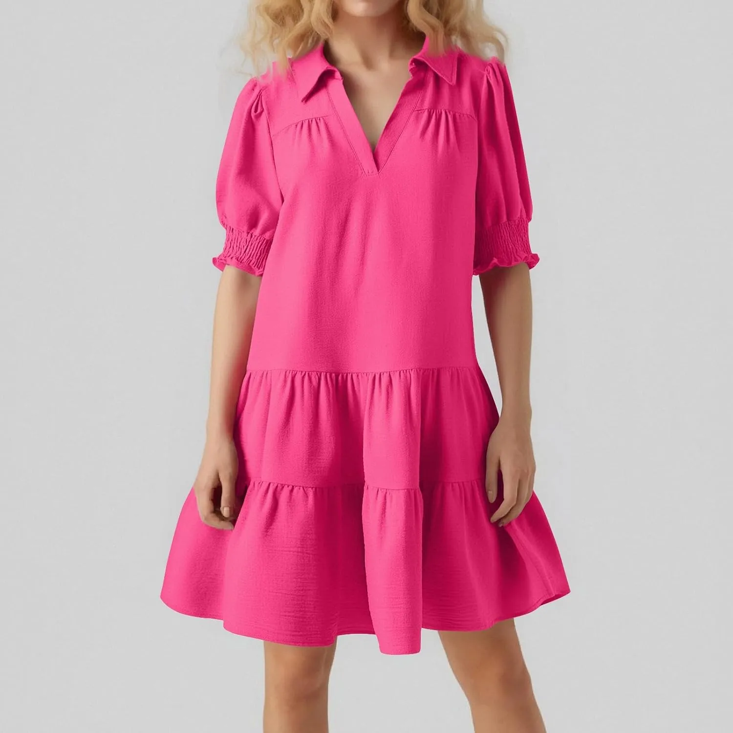 T Shirt Dresses for Women 2025 Puff Sleeve A Line Mini Babydoll Dress Loose Lapel V Neck Short Summer Dresses Trendy