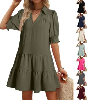 T Shirt Dresses for Women 2025 Puff Sleeve A Line Mini Babydoll Dress Loose Lapel V Neck Short Summer Dresses Trendy