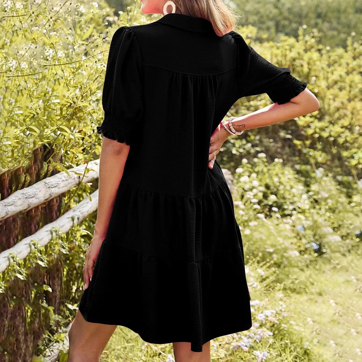 T Shirt Dresses for Women 2025 Puff Sleeve A Line Mini Babydoll Dress Loose Lapel V Neck Short Summer Dresses Trendy