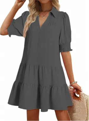 T Shirt Dresses for Women 2025 Puff Sleeve A Line Mini Babydoll Dress Loose Lapel V Neck Short Summer Dresses Trendy