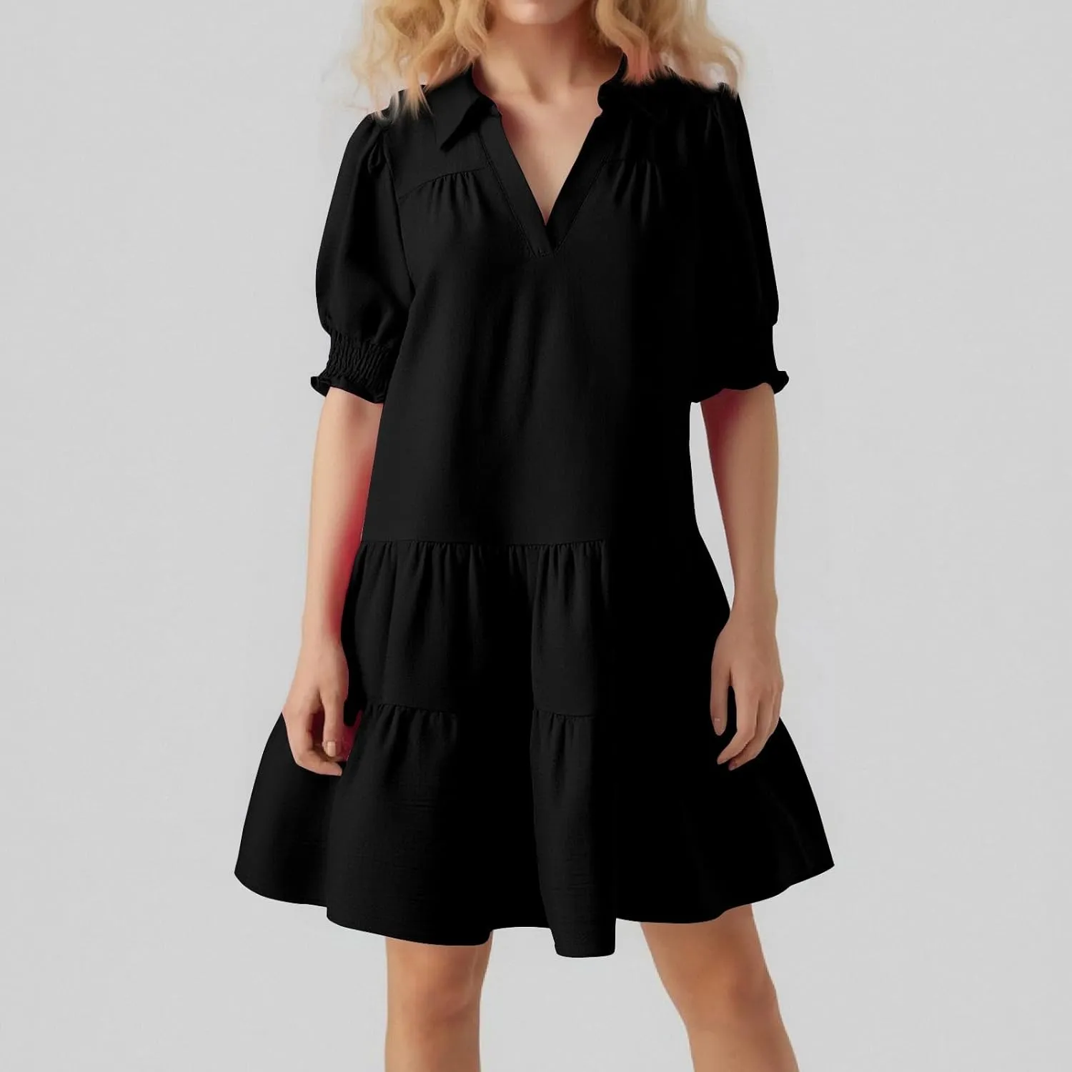 T Shirt Dresses for Women 2025 Puff Sleeve A Line Mini Babydoll Dress Loose Lapel V Neck Short Summer Dresses Trendy