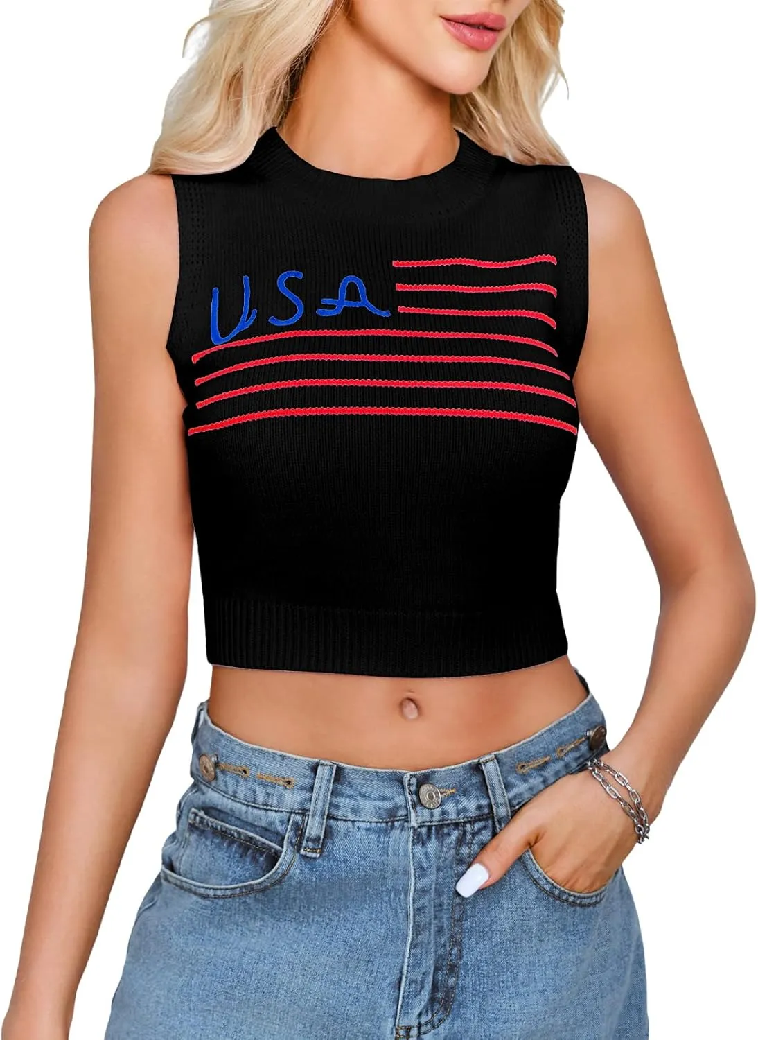 Tankaneo Womens American Flag Crop Tank Tops High Neck 4th of July Patriotic Summer Sleeveless Shirts Sweater Vest