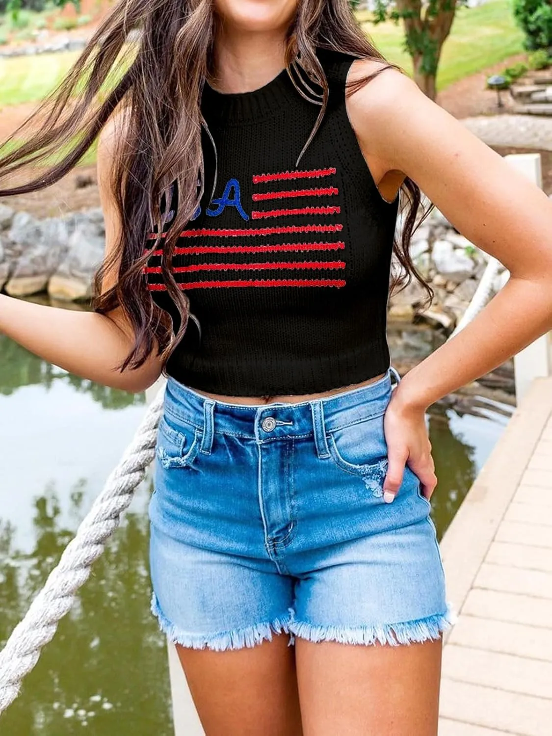 Tankaneo Womens American Flag Crop Tank Tops High Neck 4th of July Patriotic Summer Sleeveless Shirts Sweater Vest