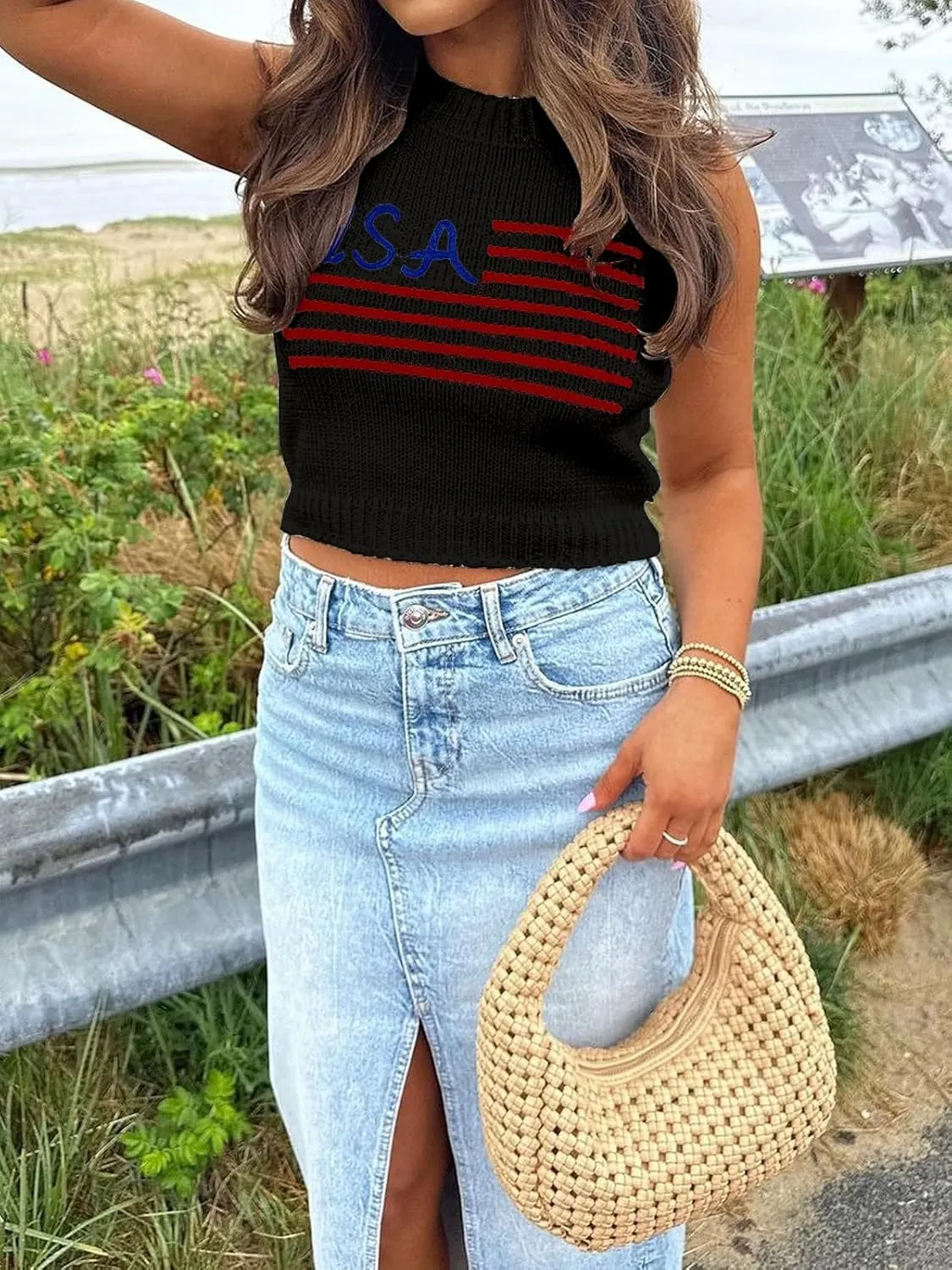 Tankaneo Womens American Flag Crop Tank Tops High Neck 4th of July Patriotic Summer Sleeveless Shirts Sweater Vest