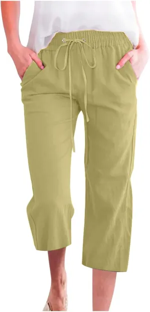 TARIENDY Capri Pants for Women Casual Summer 2025 Drawstring Elastic Waist Pant Straight Leg Cropped Trouser with Pockets