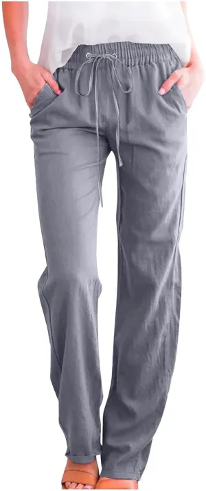 TARIENDY Casual Pants for Women Loose Fit Straight Leg Drawstring Elastic Waist Pants Summer Beach Outfits with Pockets