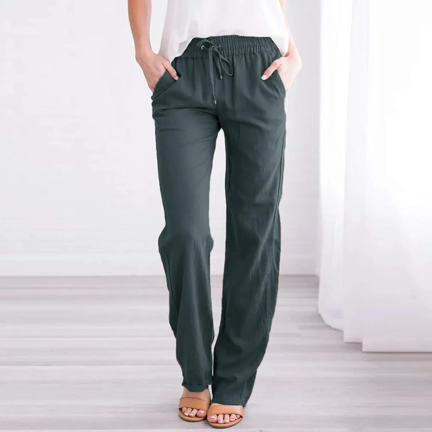 TARIENDY Plus Size Petite Pants for Women Ladies Elastic Drawstring Outfits Straight Leg Pants Summer Lightweight Trousers
