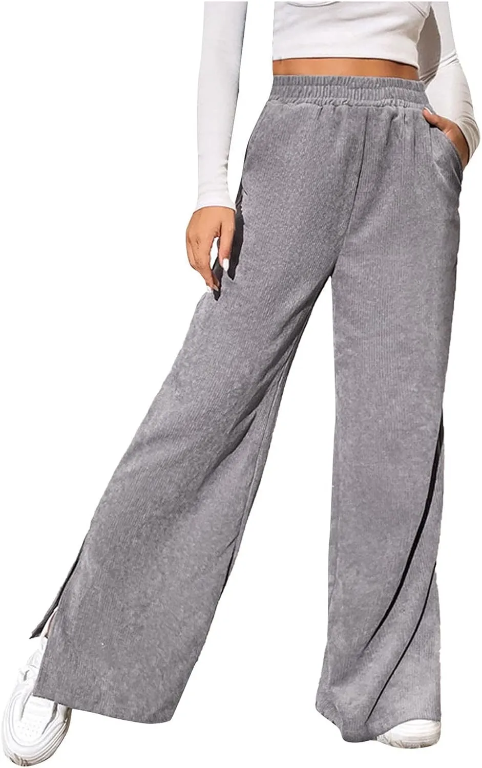 Temperament High Waist Women's Fashion Shows Thin Casual High Waist Loose Wide Leg Movement with Pocket Trousers