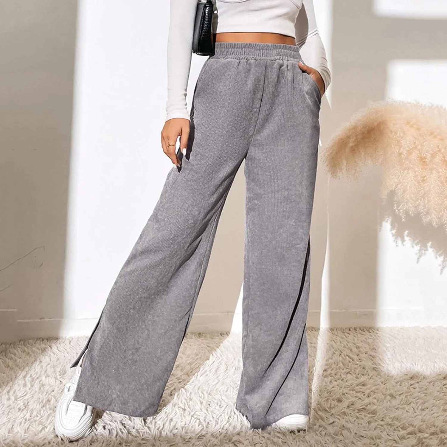 Temperament High Waist Women's Fashion Shows Thin Casual High Waist Loose Wide Leg Movement with Pocket Trousers