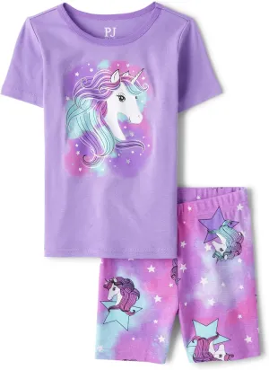 The Children's Place Girls' 100% Cotton Sleeve Top and Shorts,2 Piece Pajama Set