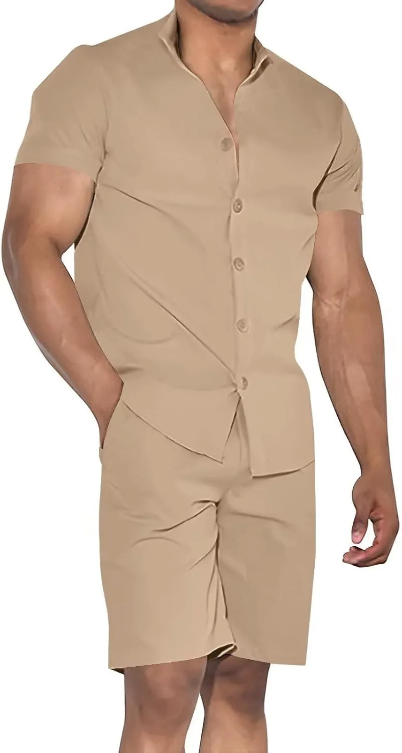 Uni Clau Mens Short Sets 2 Piece Outfits Summer Button Down Shirt and Shorts Set Beach Tracksuit