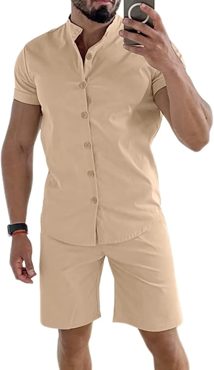 Uni Clau Mens Short Sets 2 Piece Outfits Summer Button Down Shirt and Shorts Set Beach Tracksuit
