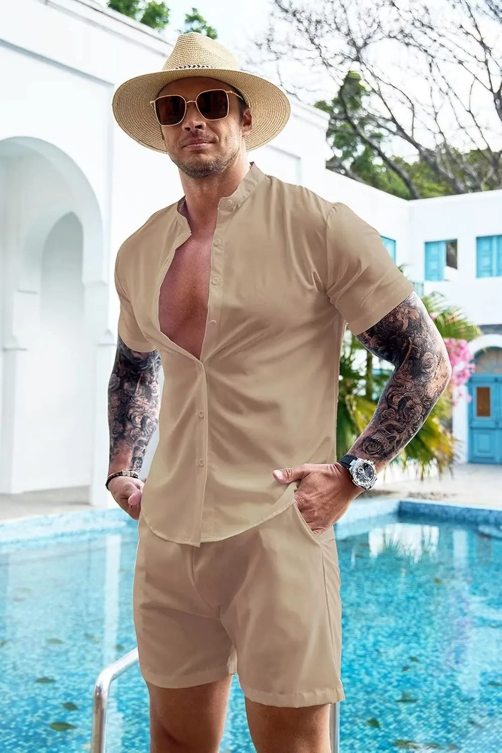 Uni Clau Mens Short Sets 2 Piece Outfits Summer Button Down Shirt and Shorts Set Beach Tracksuit