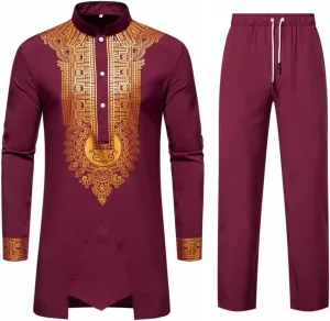 UNINUKOO African Dashiki for Men 2 Piece Sets Traditional Gold Print Shirts and Pants Suit Outfit