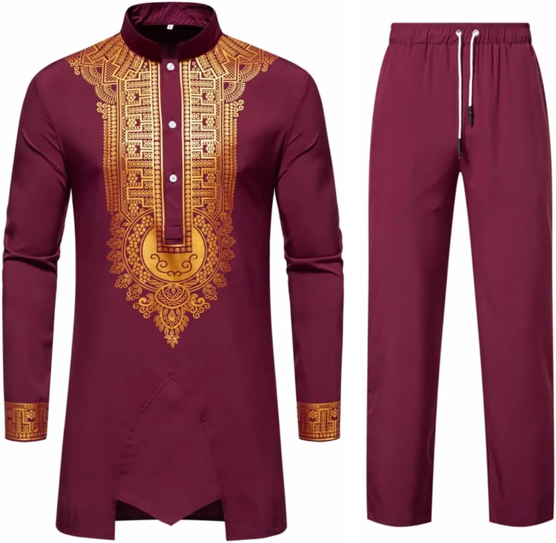 UNINUKOO African Dashiki for Men 2 Piece Sets Traditional Gold Print Shirts and Pants Suit Outfit