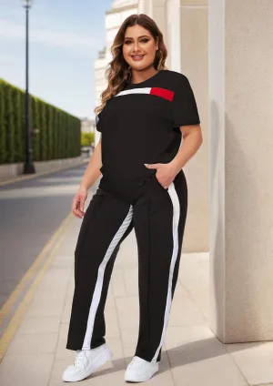 UOUA Women Plus Size 2 Piece Sweatsuit Outfits Short Sleeve Shirts & Jogging Pants Track Suit Set