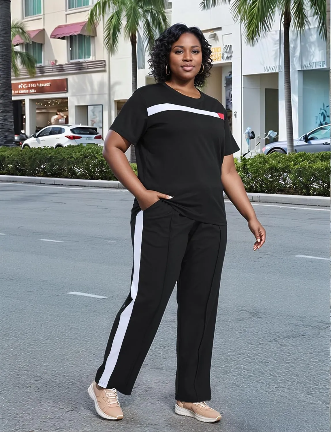 UOUA Women Plus Size 2 Piece Sweatsuit Outfits Short Sleeve Shirts & Jogging Pants Track Suit Set