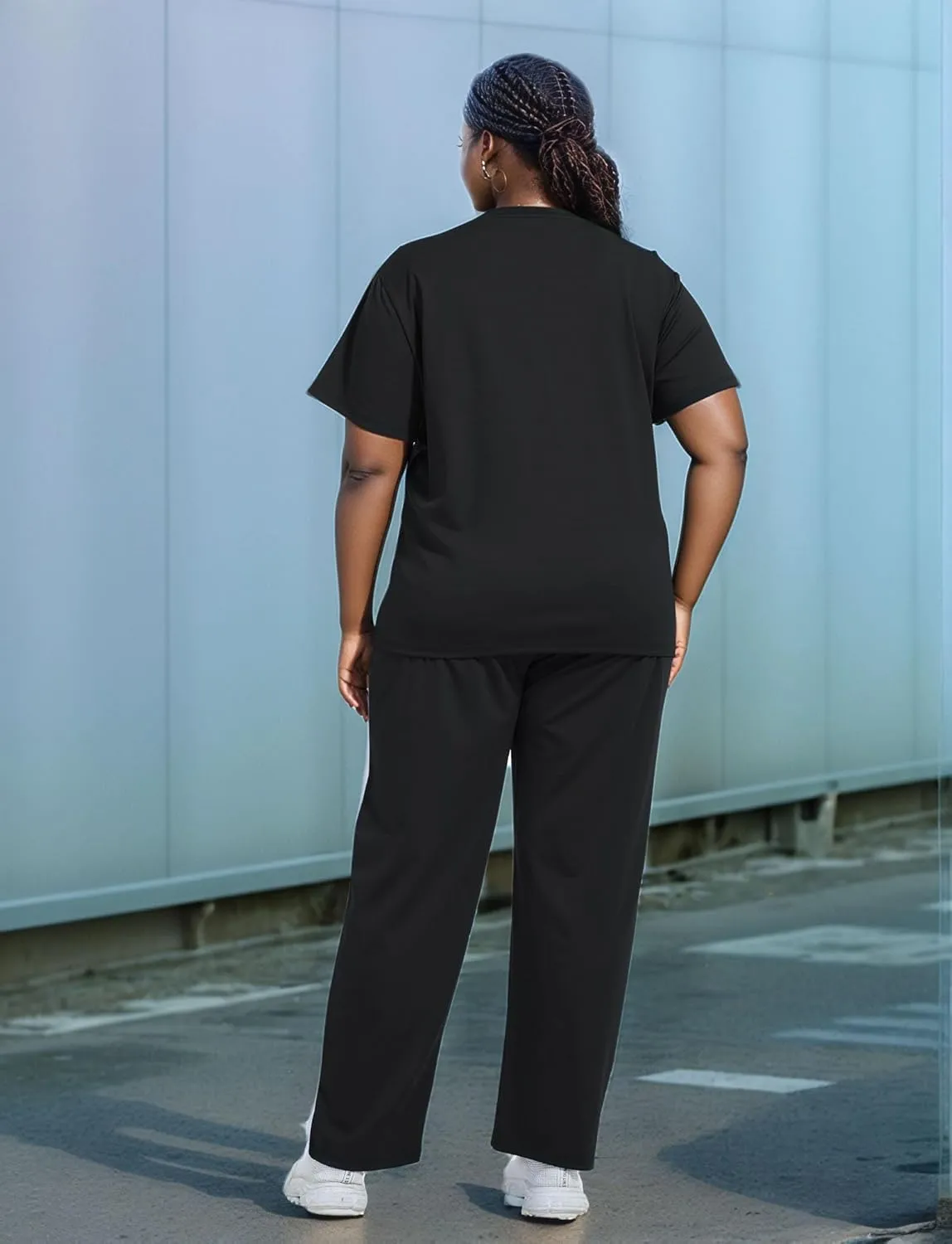UOUA Women Plus Size 2 Piece Sweatsuit Outfits Short Sleeve Shirts & Jogging Pants Track Suit Set