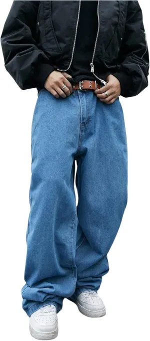 Verdusa Men's Wide Leg Baggy Jeans Loose Long Trousers Denim Pants with Pocket