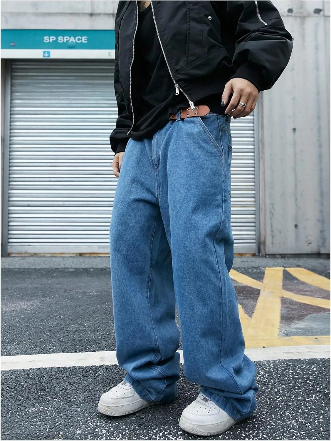 Verdusa Men's Wide Leg Baggy Jeans Loose Long Trousers Denim Pants with Pocket