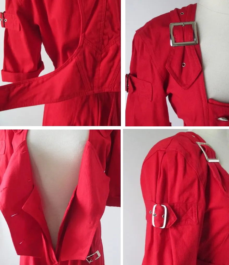  Vintage 80's Karen Alexander Red Buckles & Buttons Jumpsuit M