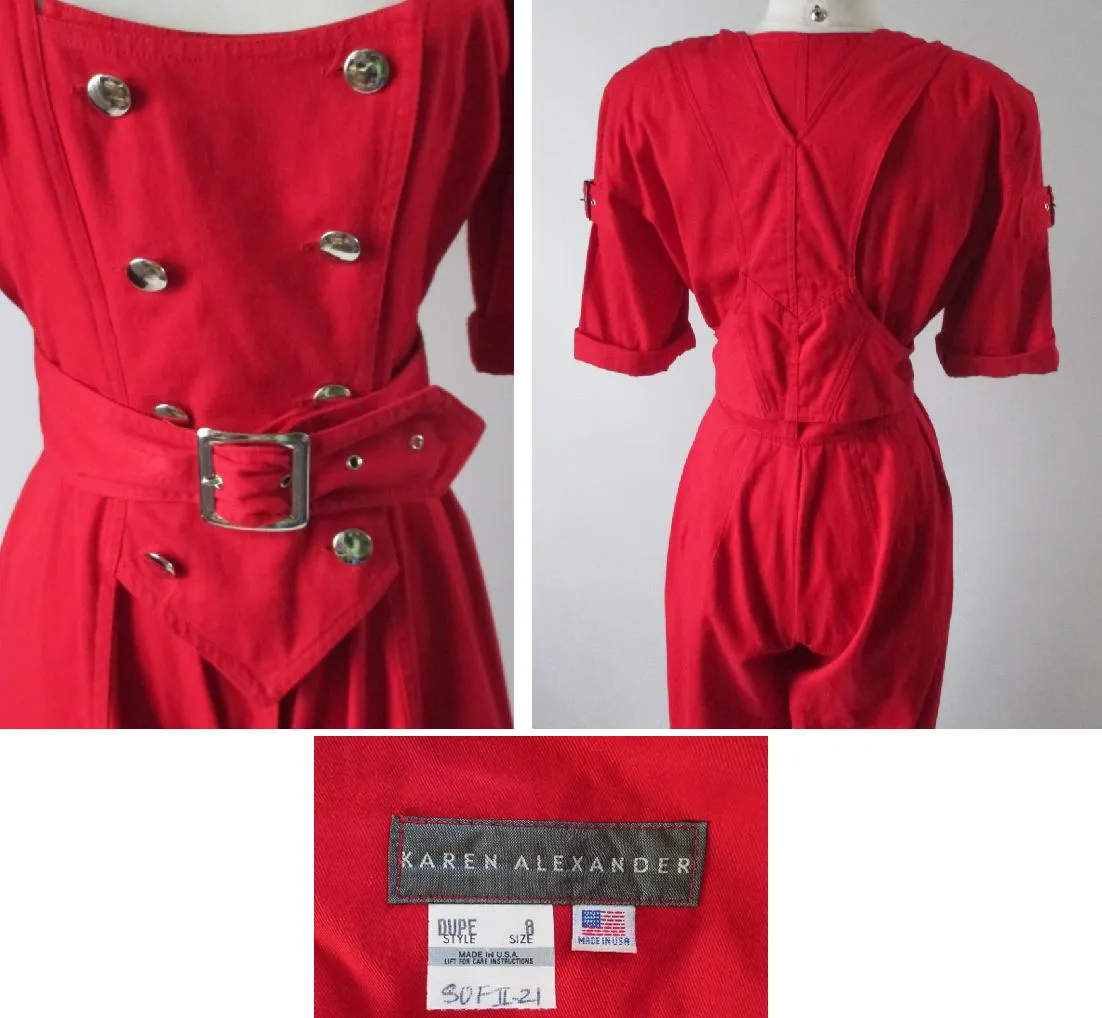  Vintage 80's Karen Alexander Red Buckles & Buttons Jumpsuit M