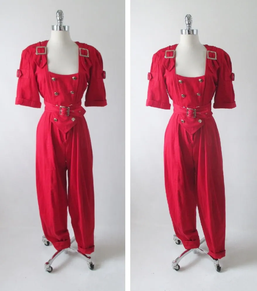  Vintage 80's Karen Alexander Red Buckles & Buttons Jumpsuit M