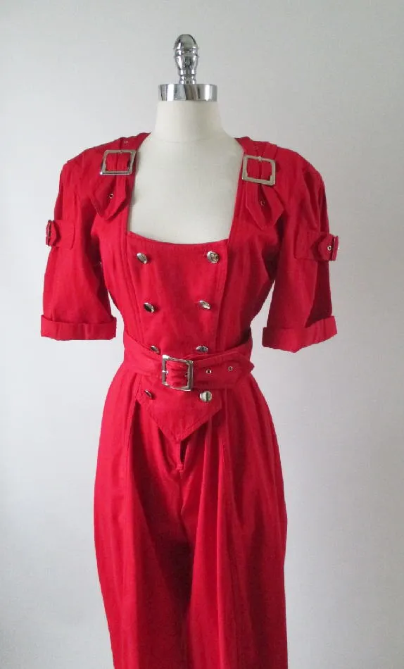  Vintage 80's Karen Alexander Red Buckles & Buttons Jumpsuit M