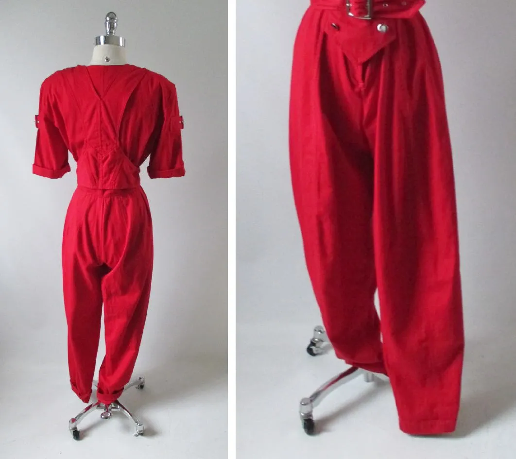  Vintage 80's Karen Alexander Red Buckles & Buttons Jumpsuit M