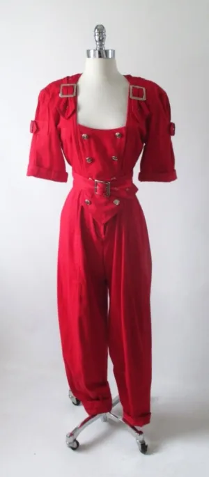  Vintage 80's Karen Alexander Red Buckles & Buttons Jumpsuit M