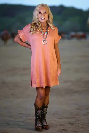 W.A.Y Wonderful & Young Short Sleeve Suede Dress In Tawny Orange