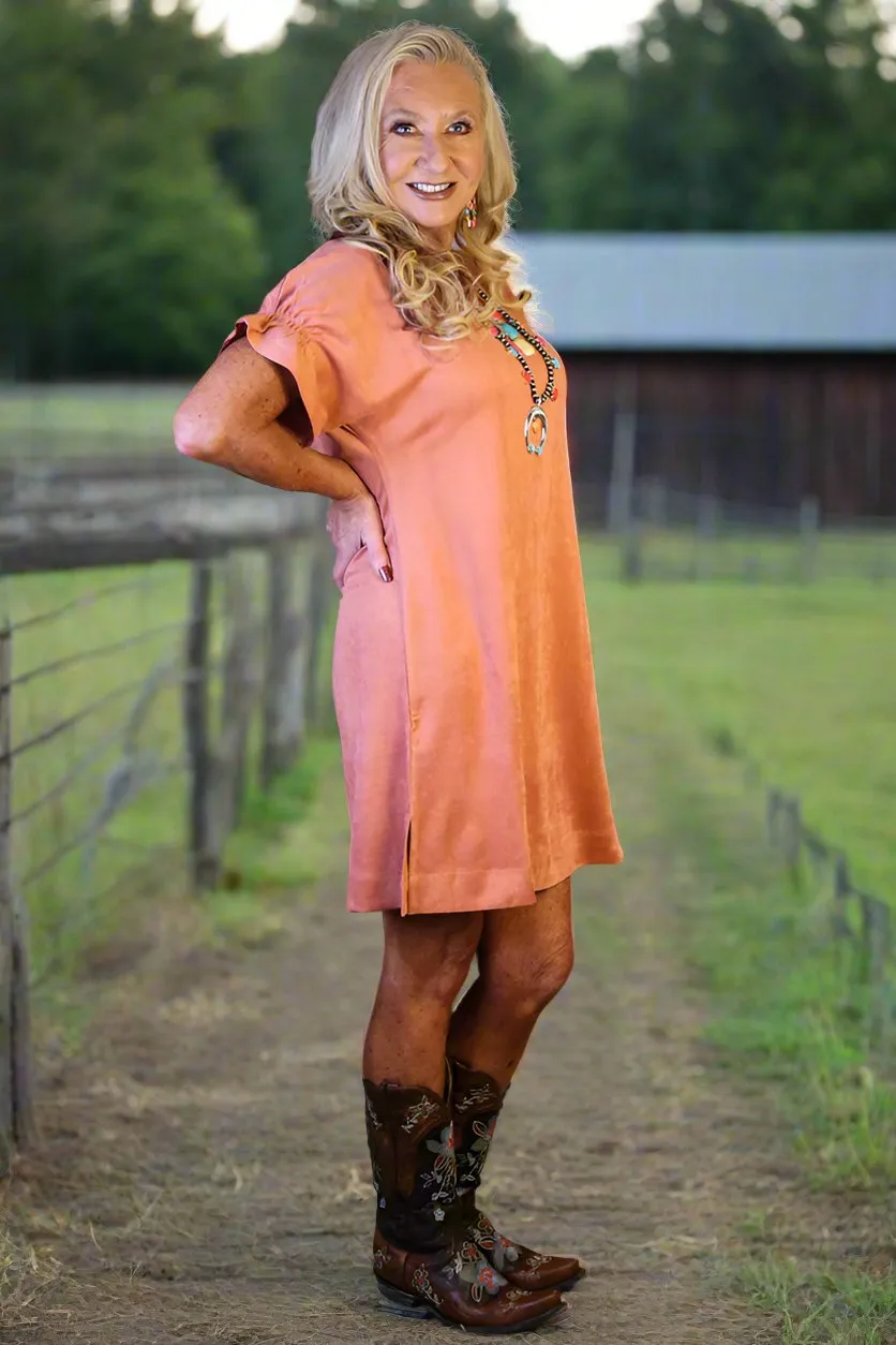 W.A.Y Wonderful & Young Short Sleeve Suede Dress In Tawny Orange