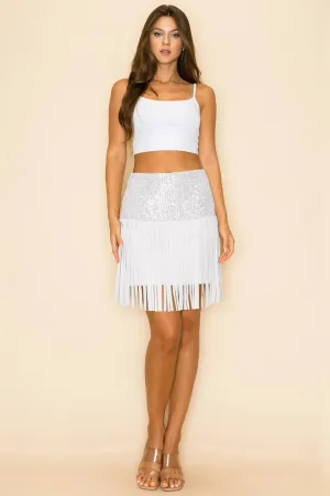 W.A.Y Wonderful And Young Faux Suede Sequin Fringe Skirt In White