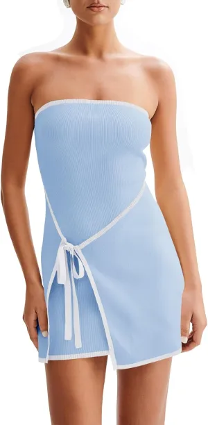 Wenrine Womens Sexy Tube Top Dress Strapless Self Tie Wrap Asymmetrical Hem Knit Summer Party Mini Dresses