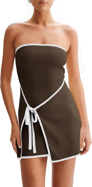 Wenrine Womens Sexy Tube Top Dress Strapless Self Tie Wrap Asymmetrical Hem Knit Summer Party Mini Dresses
