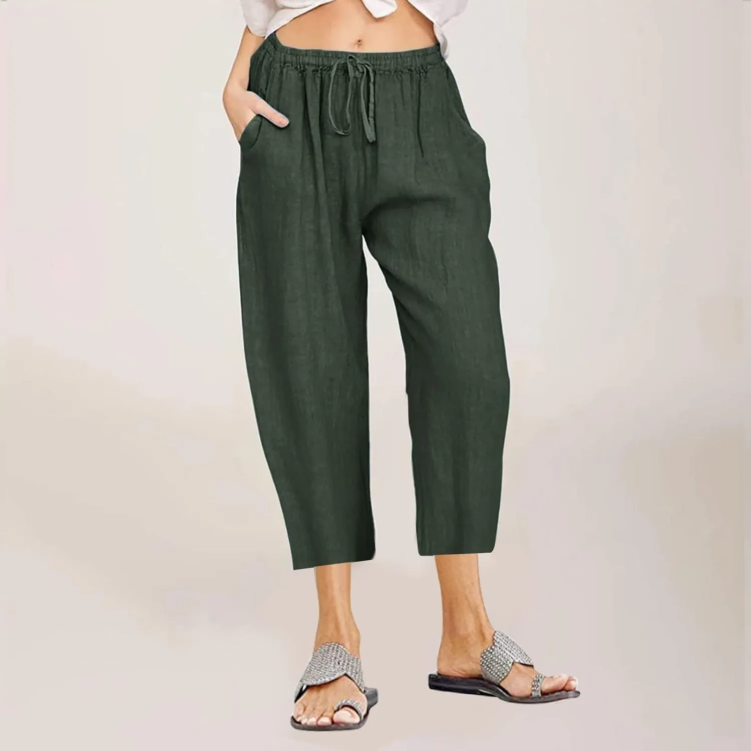 Wide Leg Capri Pants for Women Plus Size Summer Casual Loose Fit Beach Vacation Linen Pants Lightweight Cropped Trousers