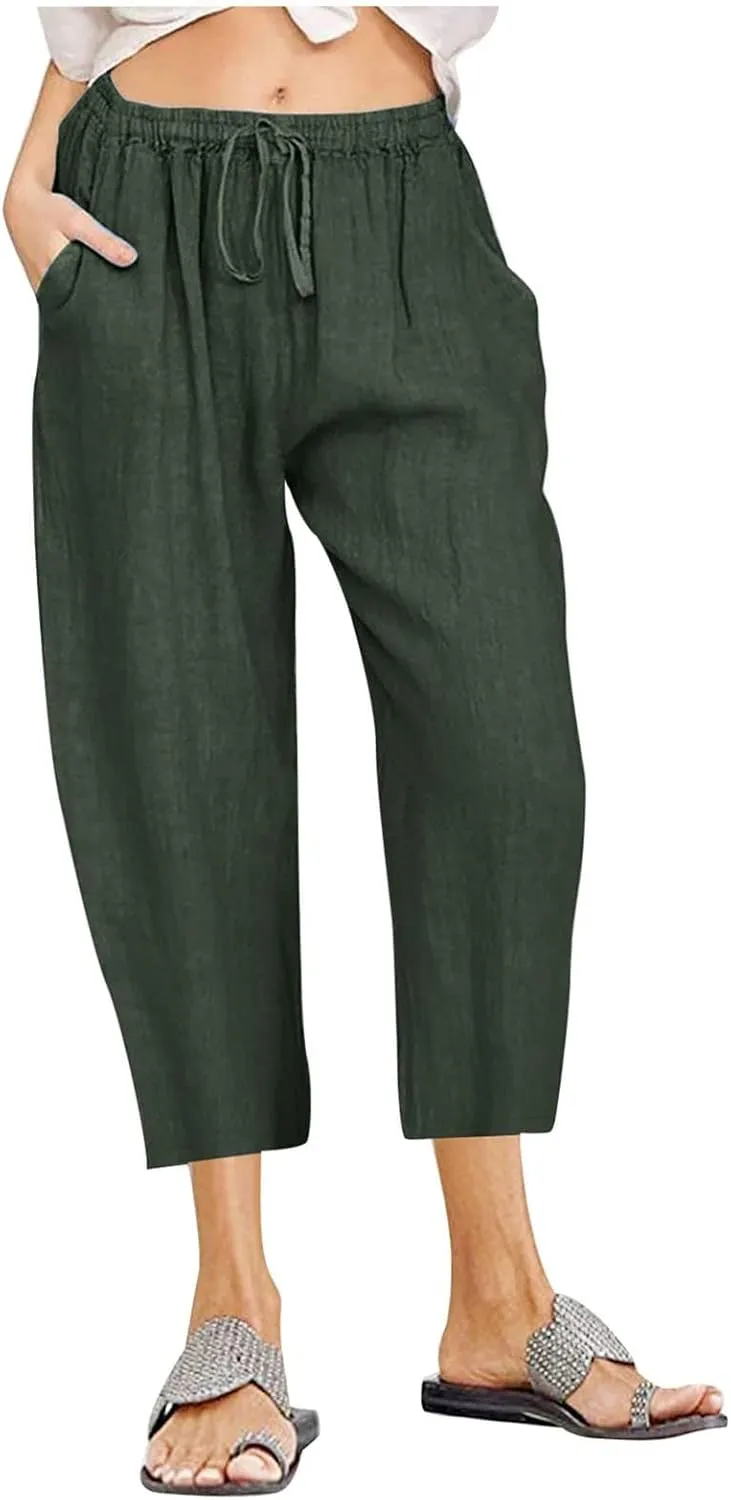 Wide Leg Capri Pants for Women Plus Size Summer Casual Loose Fit Beach Vacation Linen Pants Lightweight Cropped Trousers