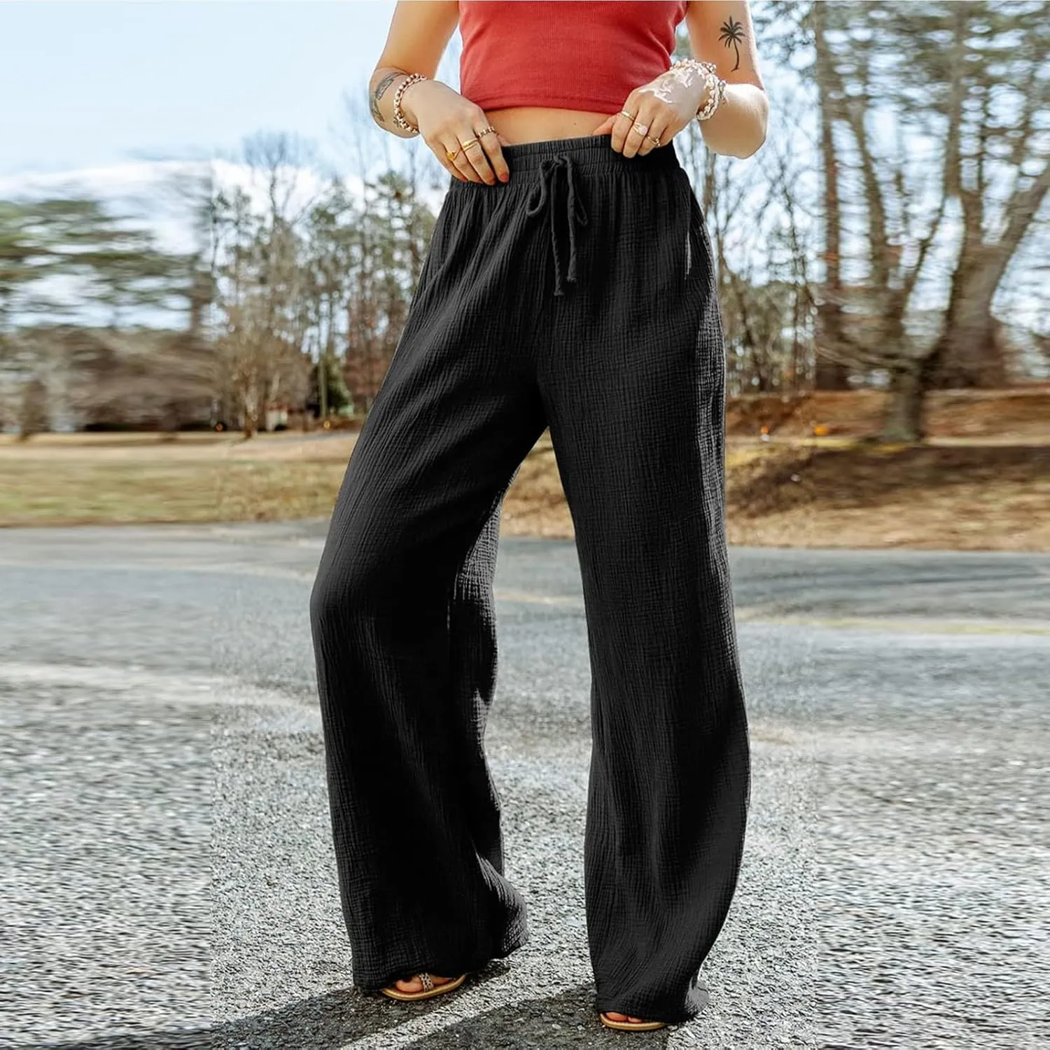 Wide Leg Linen Pant Woman Summer Beach Drawstring Elastic High Waist Palazzo Pant Cotton Linen Trousers with Pockets