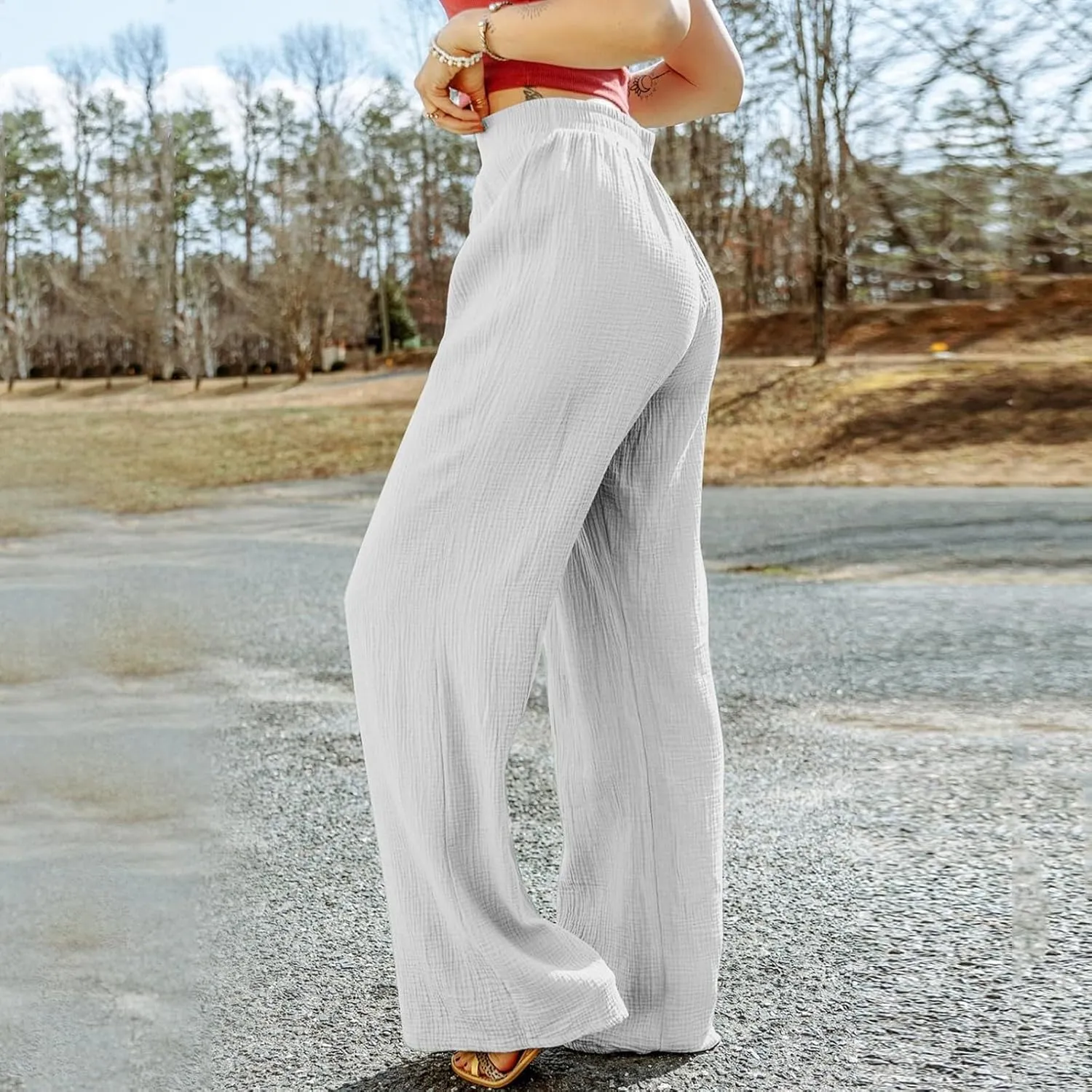Wide Leg Linen Pant Woman Summer Beach Drawstring Elastic High Waist Palazzo Pant Cotton Linen Trousers with Pockets