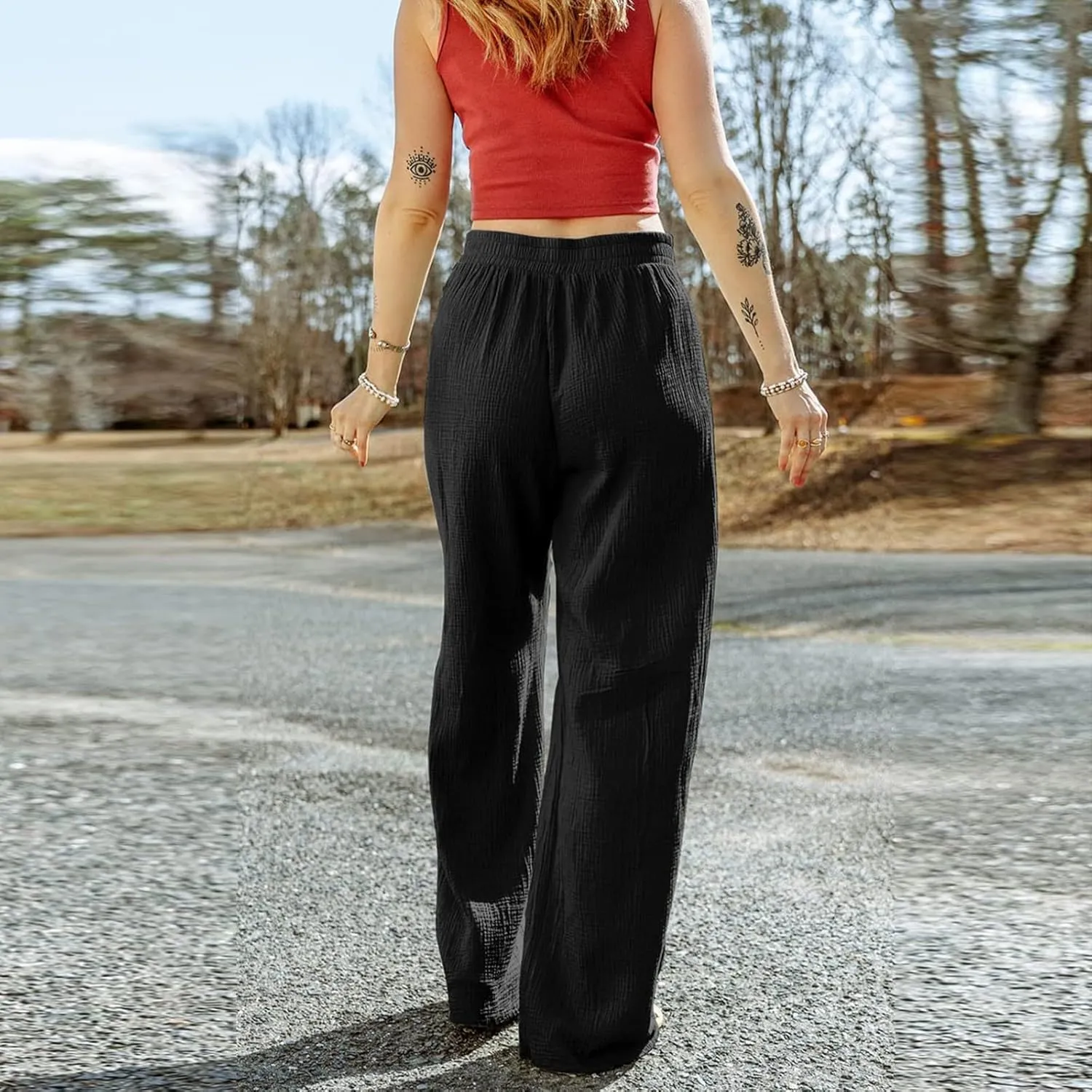 Wide Leg Linen Pant Woman Summer Beach Drawstring Elastic High Waist Palazzo Pant Cotton Linen Trousers with Pockets