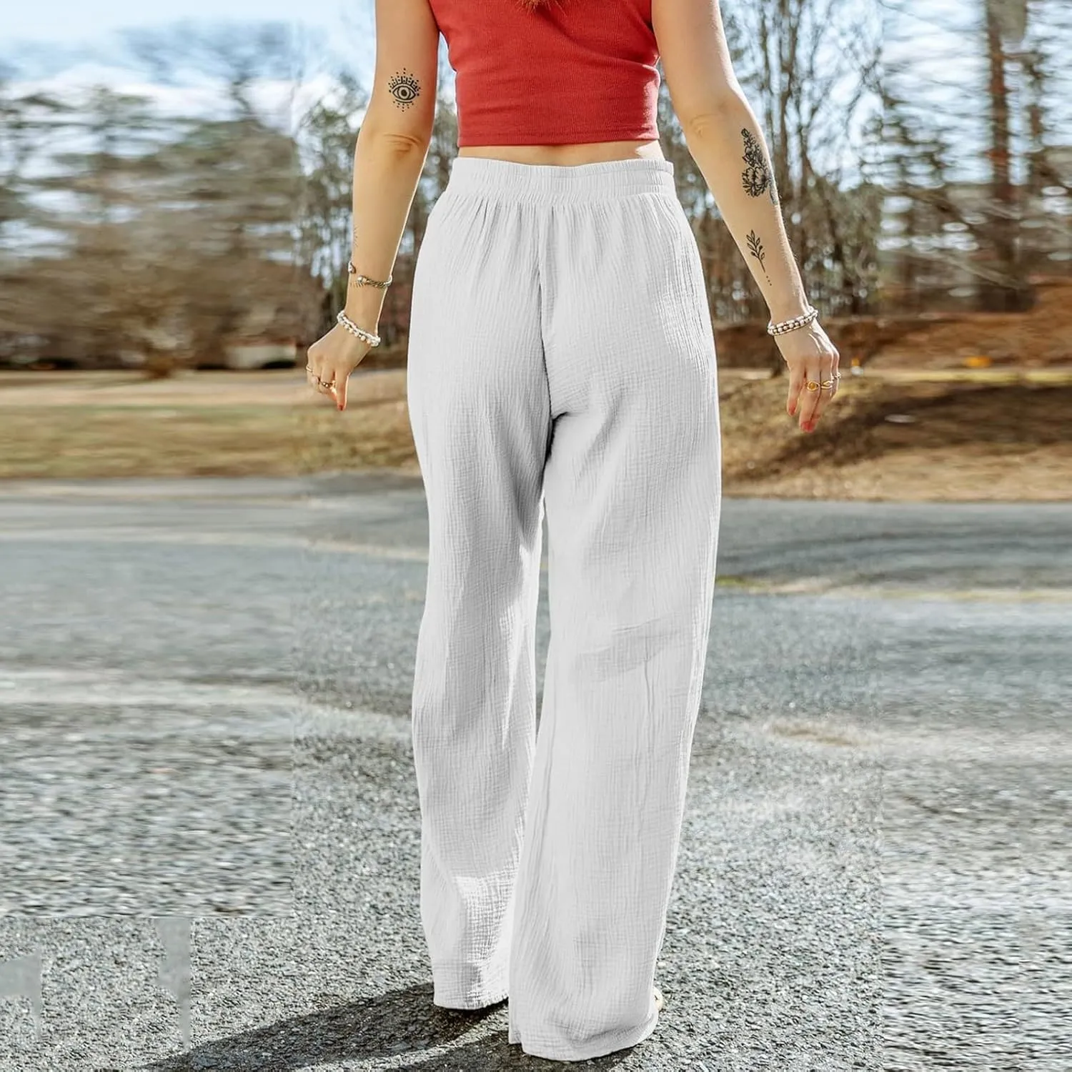 Wide Leg Linen Pant Woman Summer Beach Drawstring Elastic High Waist Palazzo Pant Cotton Linen Trousers with Pockets