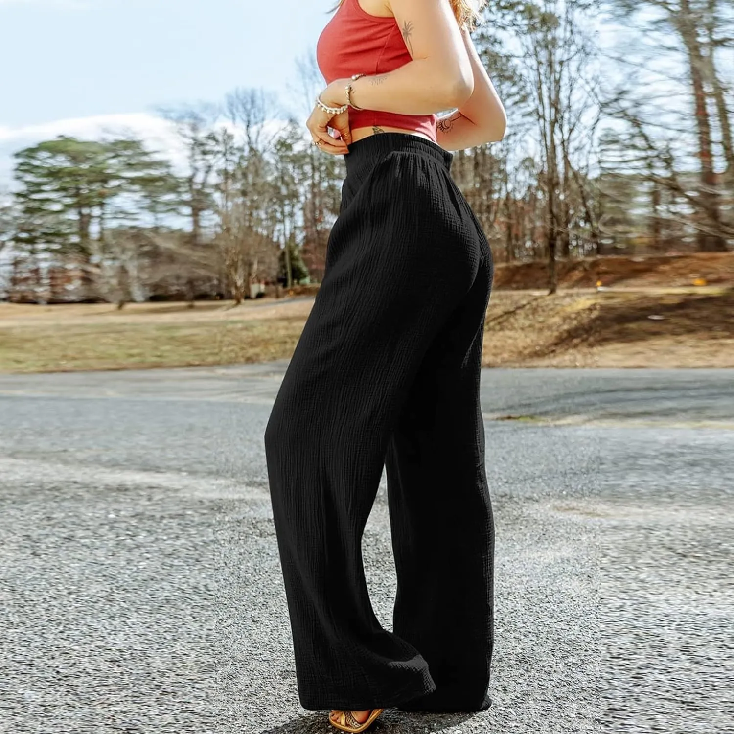 Wide Leg Linen Pant Woman Summer Beach Drawstring Elastic High Waist Palazzo Pant Cotton Linen Trousers with Pockets