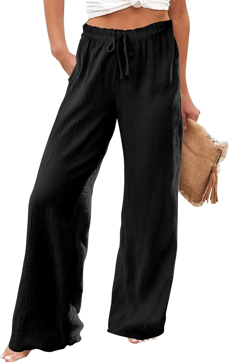 Wide Leg Linen Pant Woman Summer Beach Drawstring Elastic High Waist Palazzo Pant Cotton Linen Trousers with Pockets