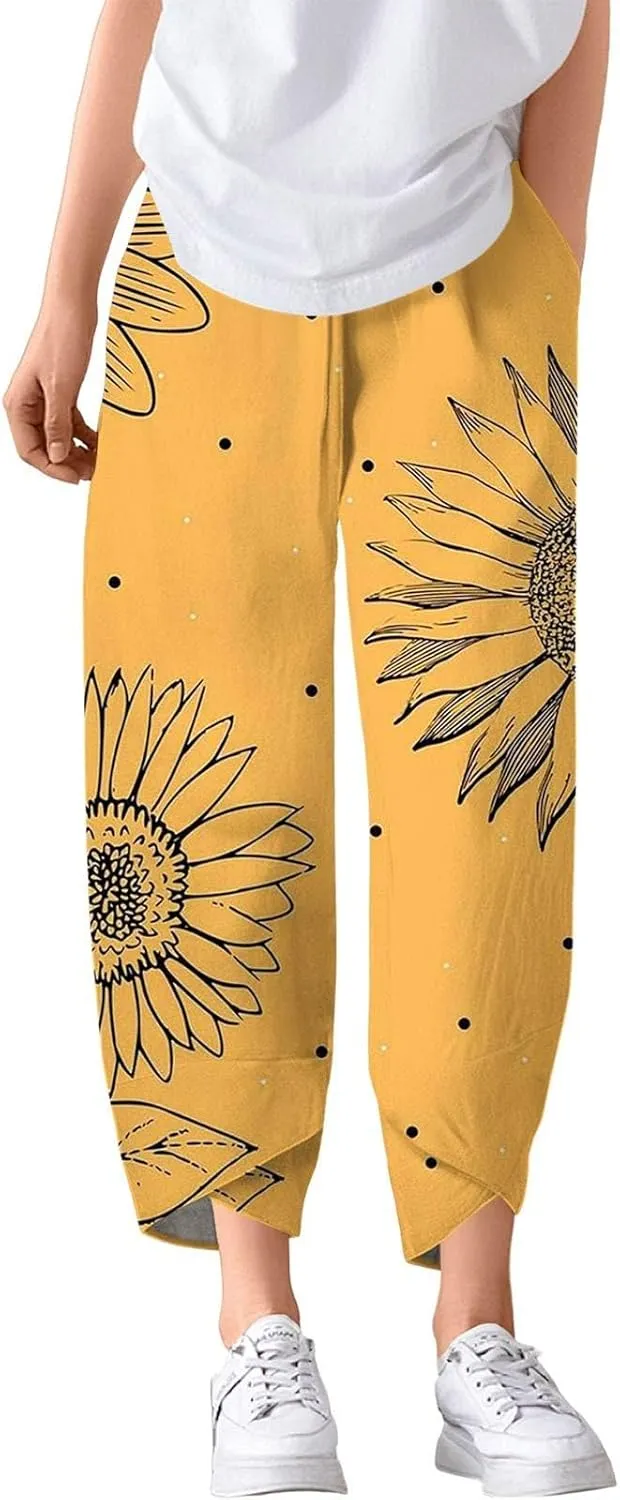 Wide Leg Linen Pants for Women Capri Summer Pants Palazzo Lounge Elastic Waist Cropped Beach Trousers with Pockets