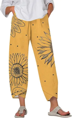 Wide Leg Linen Pants for Women Capri Summer Pants Palazzo Lounge Elastic Waist Cropped Beach Trousers with Pockets