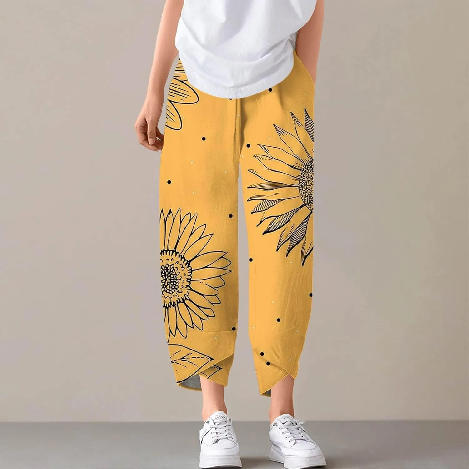 Wide Leg Linen Pants for Women Capri Summer Pants Palazzo Lounge Elastic Waist Cropped Beach Trousers with Pockets