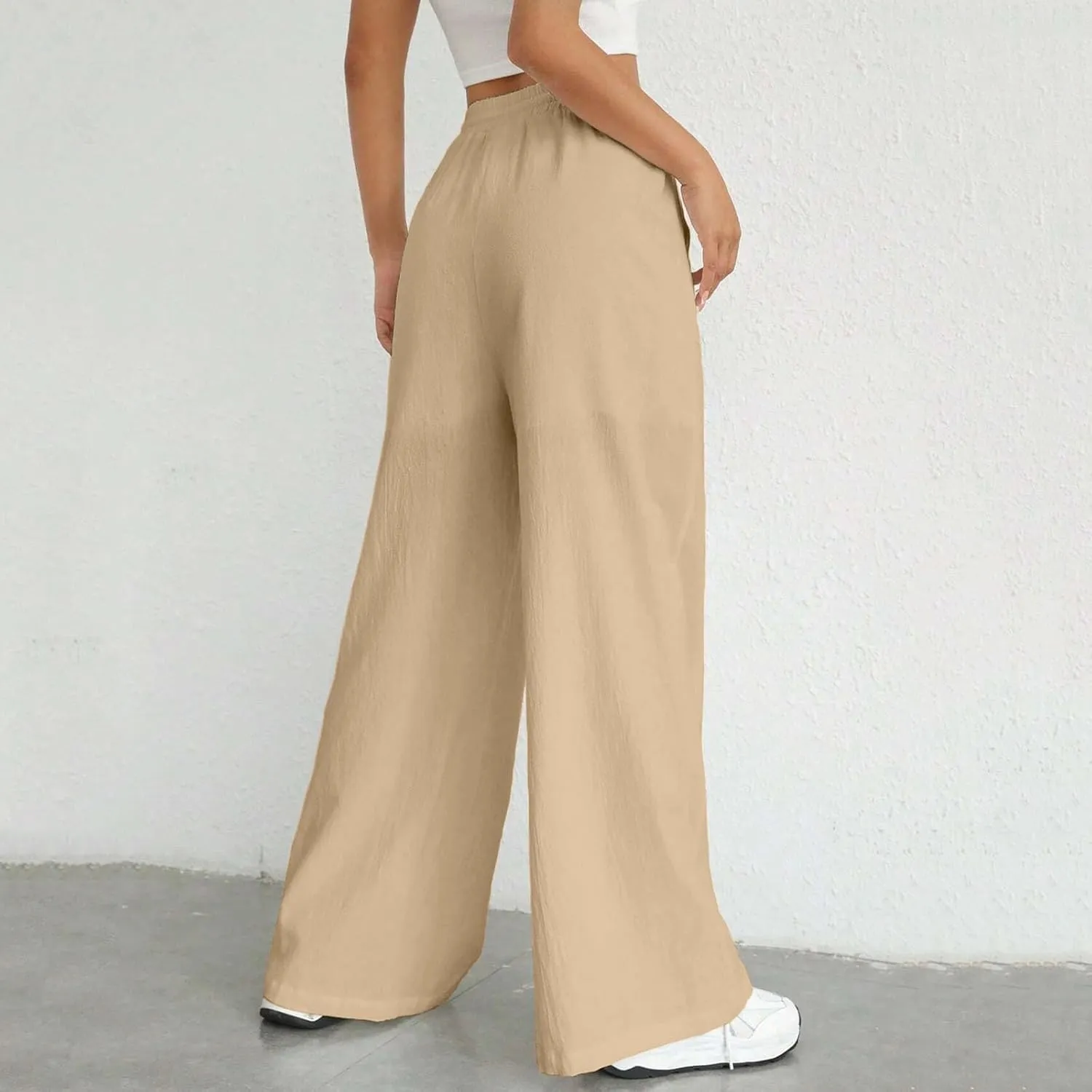 Wide Leg Linen Pants for Women Drawstring High Waist Casual Palazzo Pants Solid Color Loose Fit Trendy Trousers with Pocket