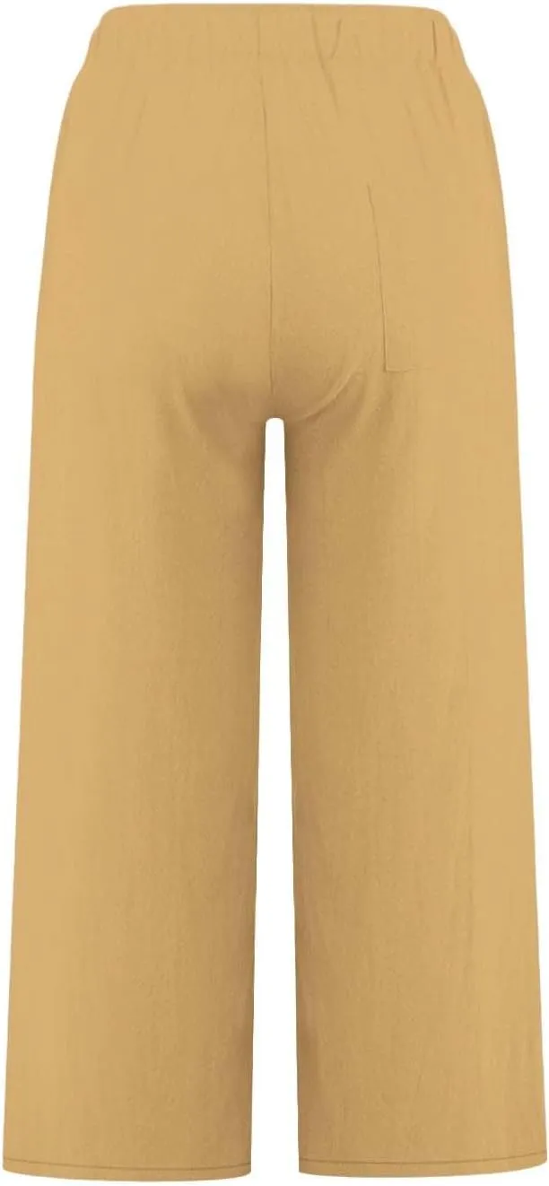 Wide Leg Linen Pants for Women Elastic Waist Casual Crop Capri Pant Loose Comfy Lounge Trouser Summer Beach Outfits