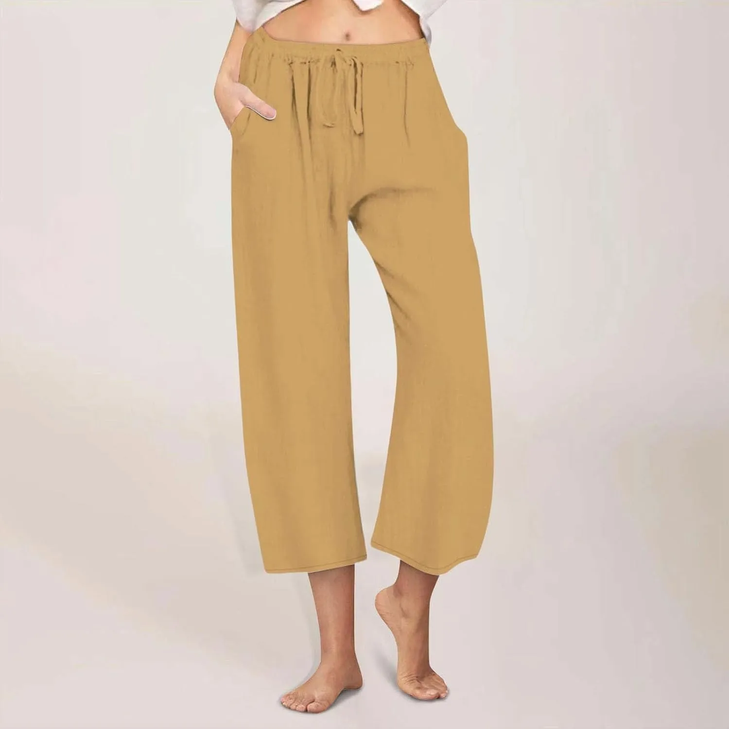 Wide Leg Linen Pants for Women Elastic Waist Casual Crop Capri Pant Loose Comfy Lounge Trouser Summer Beach Outfits